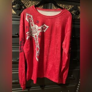 Red Long Sleeve Y2K Crewneck Shirt with Cross Design